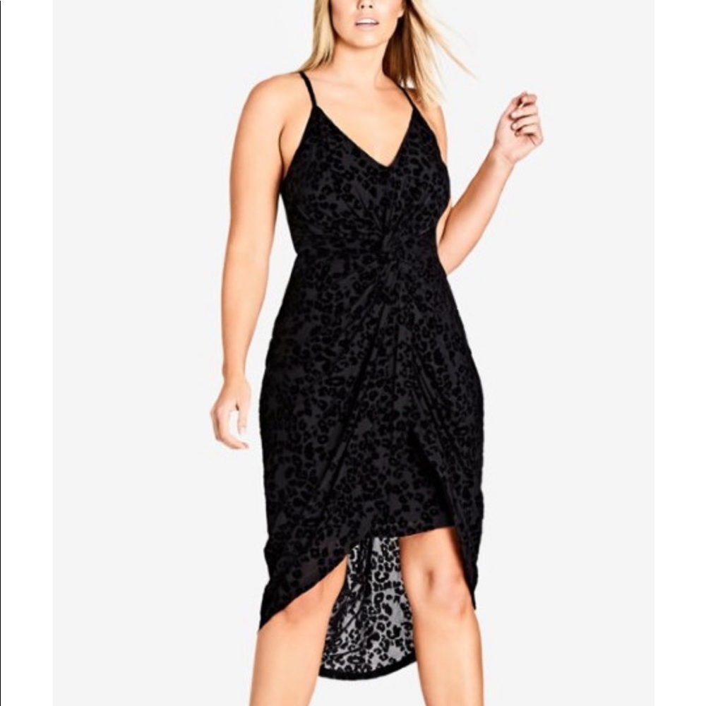 City Chic high-low Cheetah velvet LBD with twist